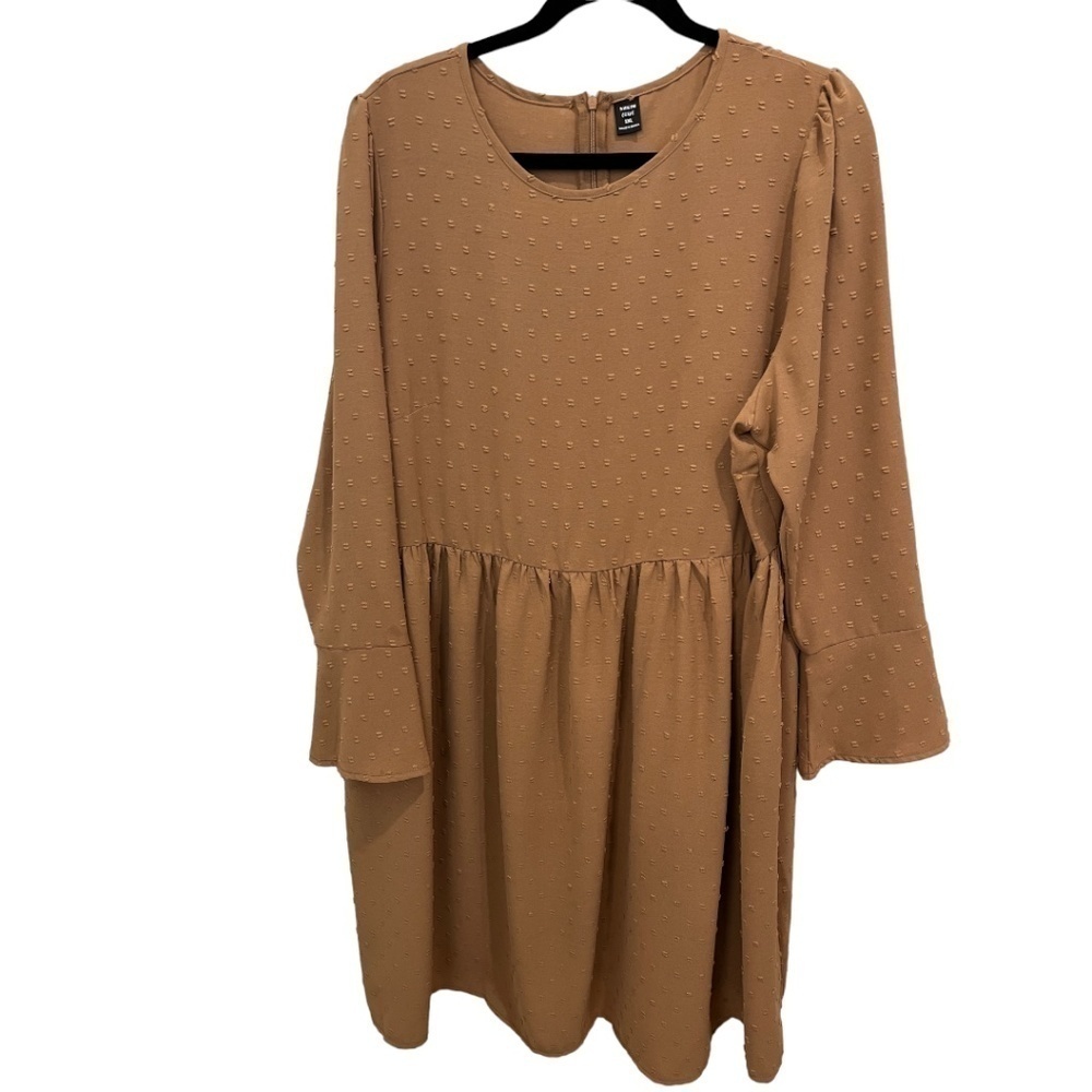 Shein Curve Plus Size Brown Textured Long Bell Sleeve Back Zip Dress Size 1xl